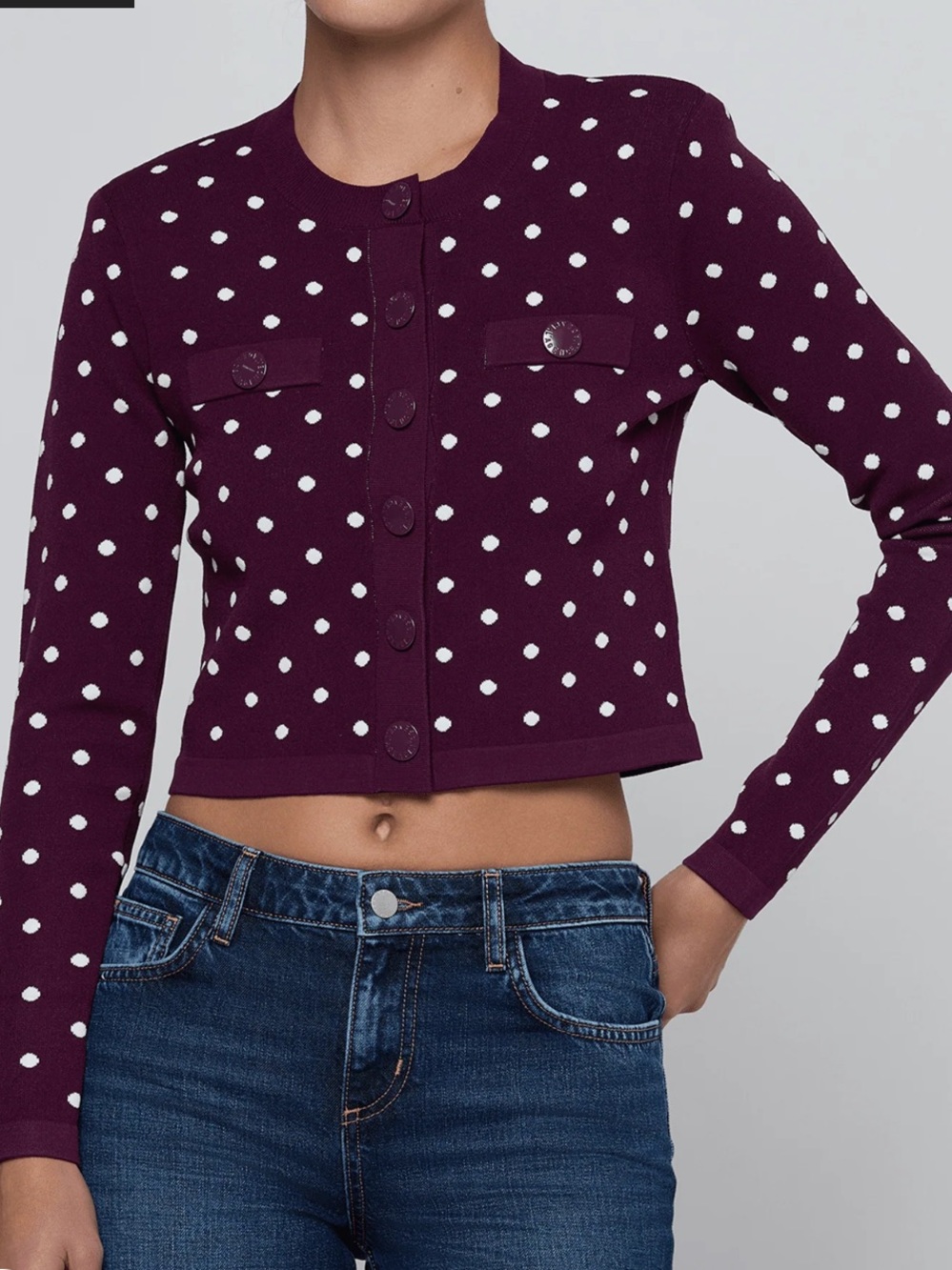 L'AGENCE Kota Cardigan Polka Dot Jacquard Cardigan in Dk Plum/Ivory